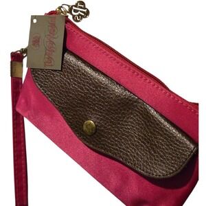 The Royal Standard‎ Pink Nylon Brown Leather Trim Wristlet 7 x 4 Gold Hardware